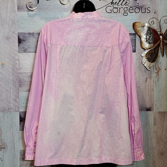 Hey Sue! Bob Mackie VINTAGE Upcycled Splatter Pink Ruffle Tux Blouse Sz L Button - Picture 8 of 11